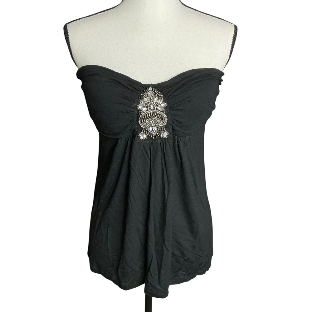 Candies Black Tube Top Womens XL Beaded Rhinestone Strapless Smocked Rayon